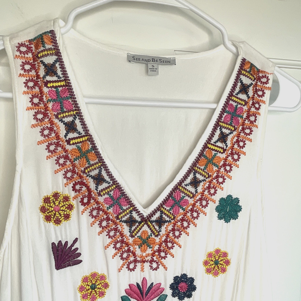 See and Be Seen Women's Floral Embroidered Midi Tiered Dress Size S Boho Peasant - Picture 3 of 13